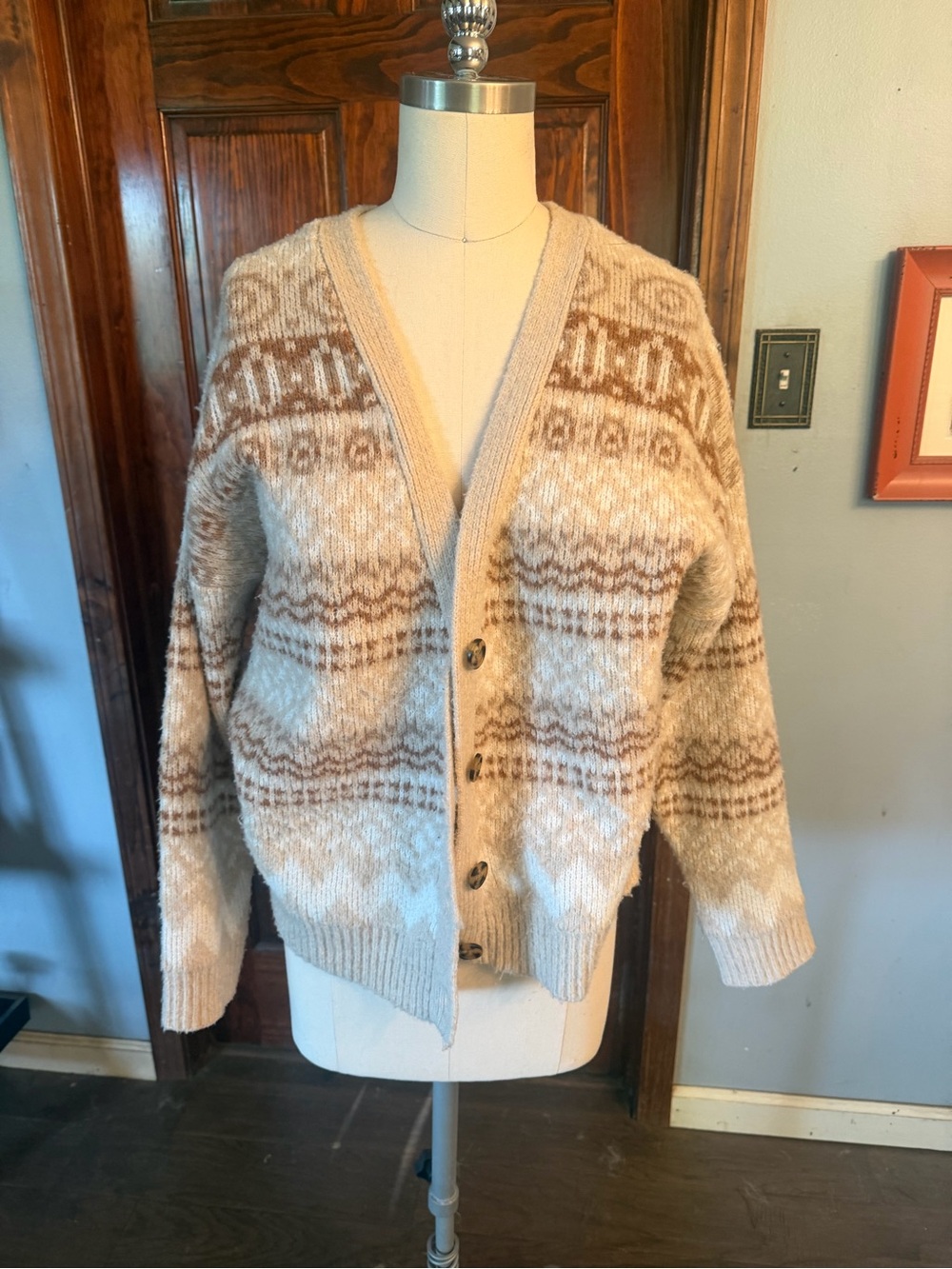 cupcakes & cashmere Cream and Brown Fair Isle Button Cardigan